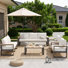 Ensemble de conversation extérieur 5 pièces pour patio, ensemble de meubles de patio à structure en aluminium avec canapé 3 places, causeuse, 2 fauteuils et table basse, accoudoirs et dessus de table en plastique imitation bois, coussins ergonomiques de 12,7 cm d'épaisseur