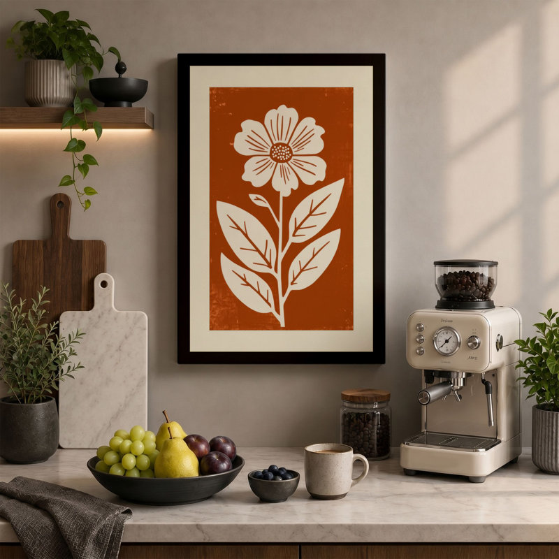 Daisy Linocut Botanical - Wrapped Canvas, 24x16 - 61.0 x 40.6 cm, Teal Border