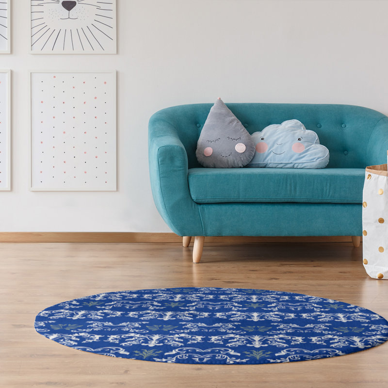 Tapis rond bleu damassé à motif baroque