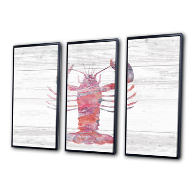 «Pink Lobster Ocean Life», ensemble d'art mural sur toile encadré nautique et côtier