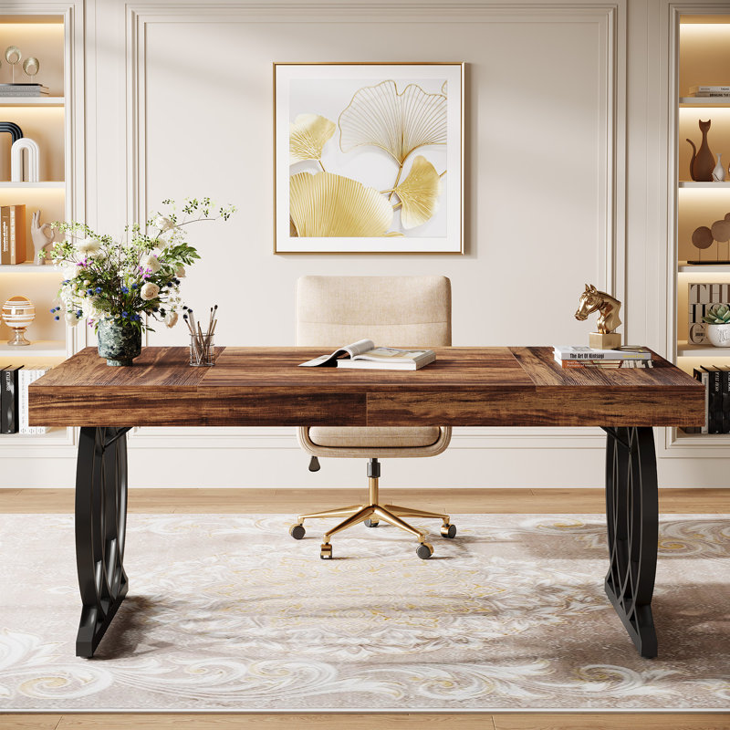 63" Executive Desk With Metal Base, Rustic Brown/Black