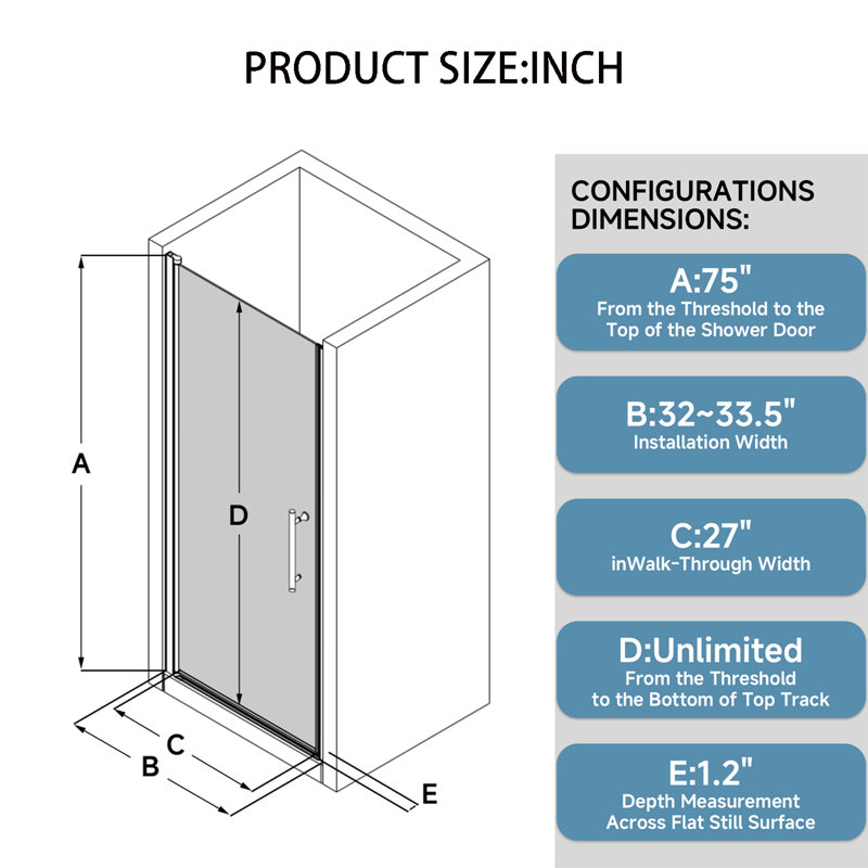 Porte de douche en verre pivotante sans cadre avec verre certifié Sgcc de 32 à 33,5 po x H 75 po