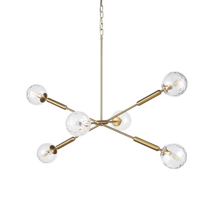 Lustre à intensité variable en métal et en verre à six lumières dorées avec abat-jour transparent Spoutnik