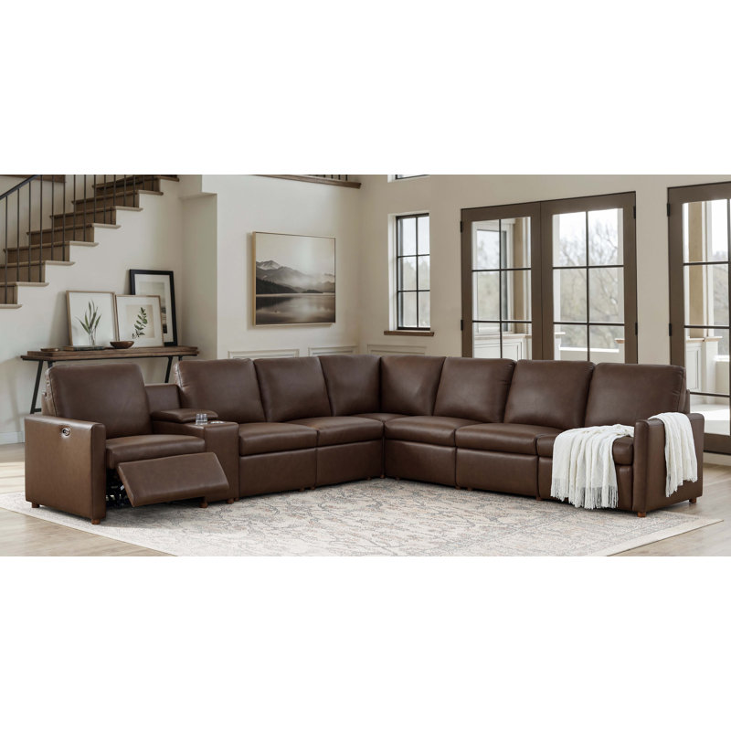 Cognac Luxe Reclining Sectional Sofa, 38" H x 118.5" W x 103" D, Light Brown Genuine Leather