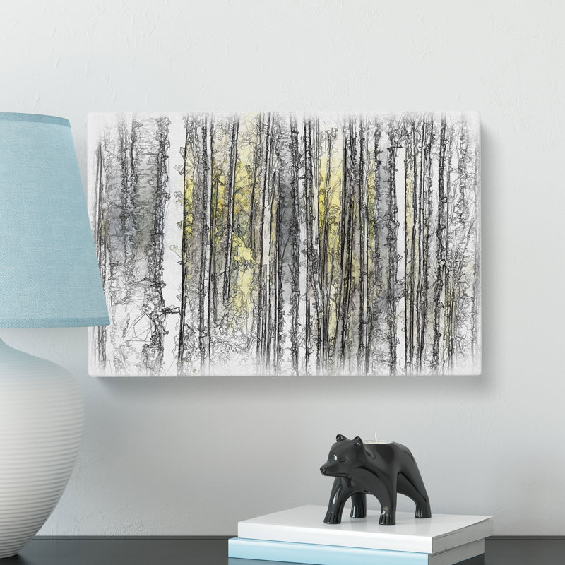 Yellow Birch Tree Forest - Wrapped Canvas Painting, 50cm H x 76cm W x 3cm D, Black/Green/Grey