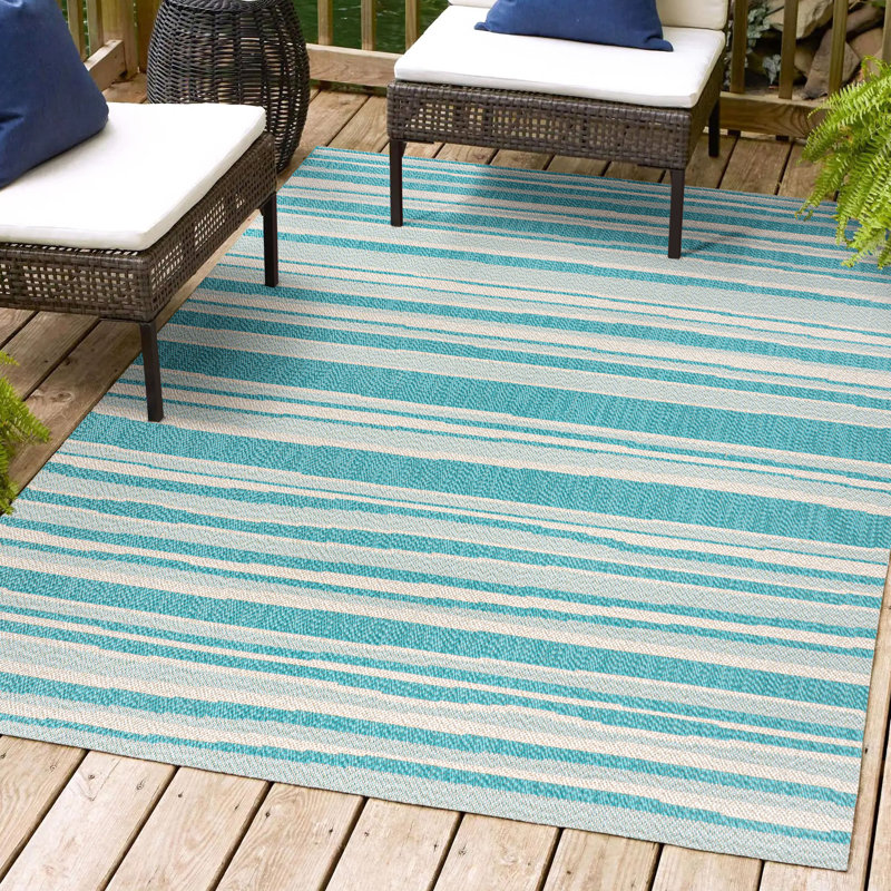 Tapis rayé turquoise / crème intérieur / extérieur Raygoza, Rectangle 7 pi 10 po x 10 pi