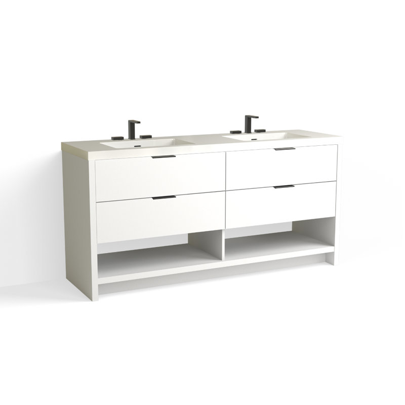Vue 72" W Freestanding Double Bathroom Vanity, Glossy White/Single, Matte Black, White Nanomatte