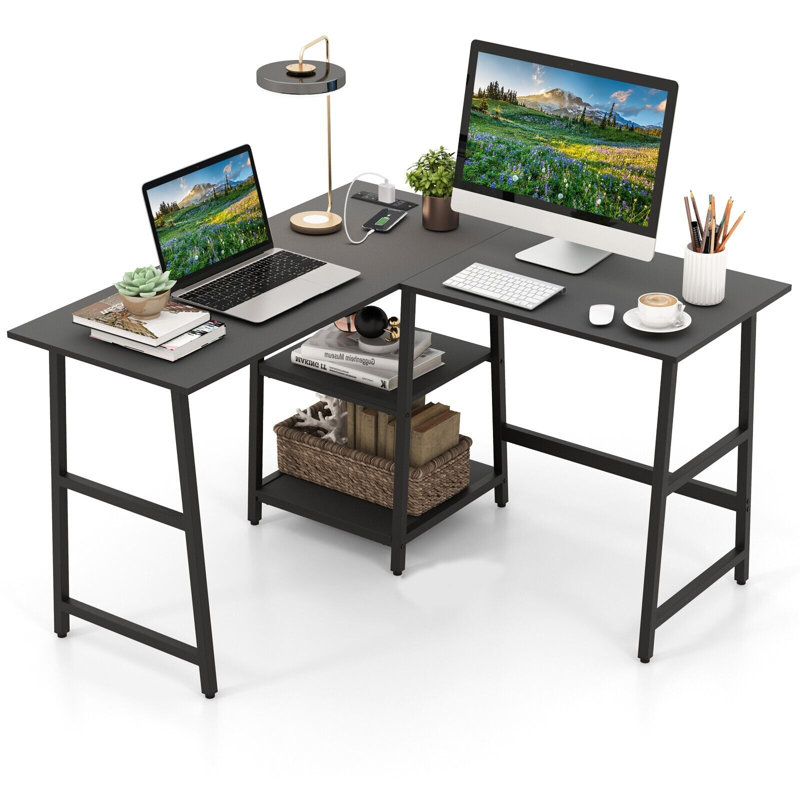 Amardev L-Shaped Metal Base Computer Desk, Black