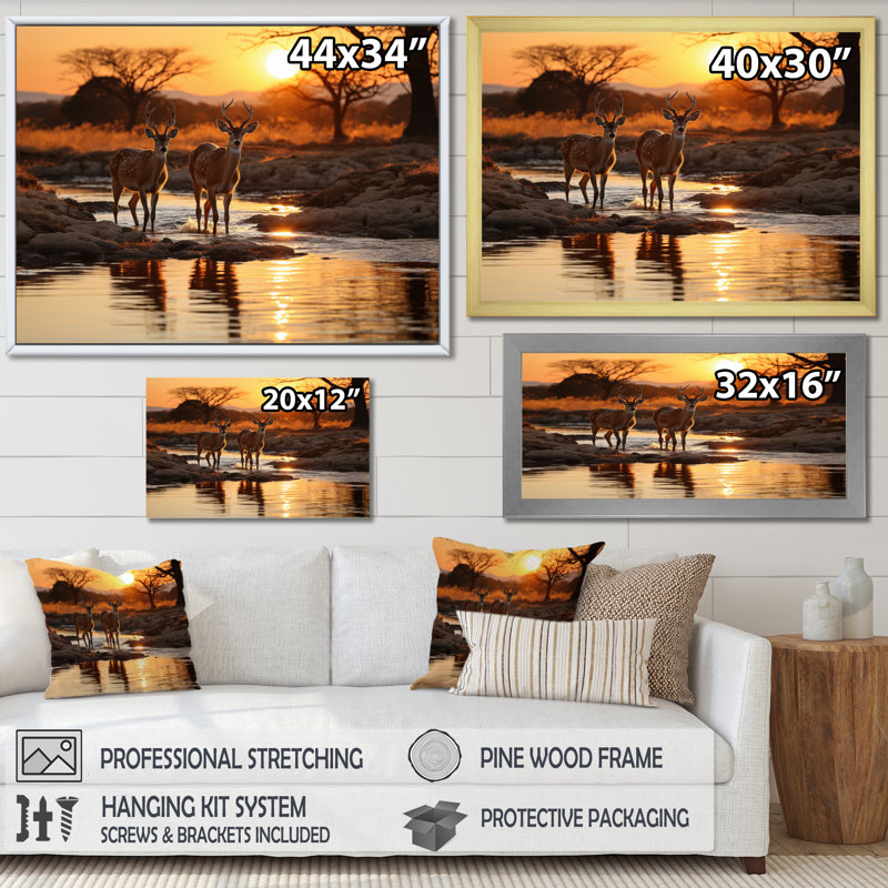 Cerf africain sur toile, H 24 po x l 32 po x P 1 po, Cadre simple argenté
