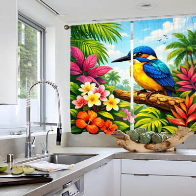 2Pcs Tropical Bird and Flower Print Curtains, Vibrant Kingfisher on Branch, Lush Greenery Plumeria, Artistic Nature Scene, Light Filtering Privacy Protection, Rod Pocket Design for Living Room, Bedroom, Balcony, Kitchen