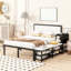 Lit plateforme confortable en métal avec tablettes de rangement latérales et armoire pleine grandeur en bois, noir-392620936-392620939