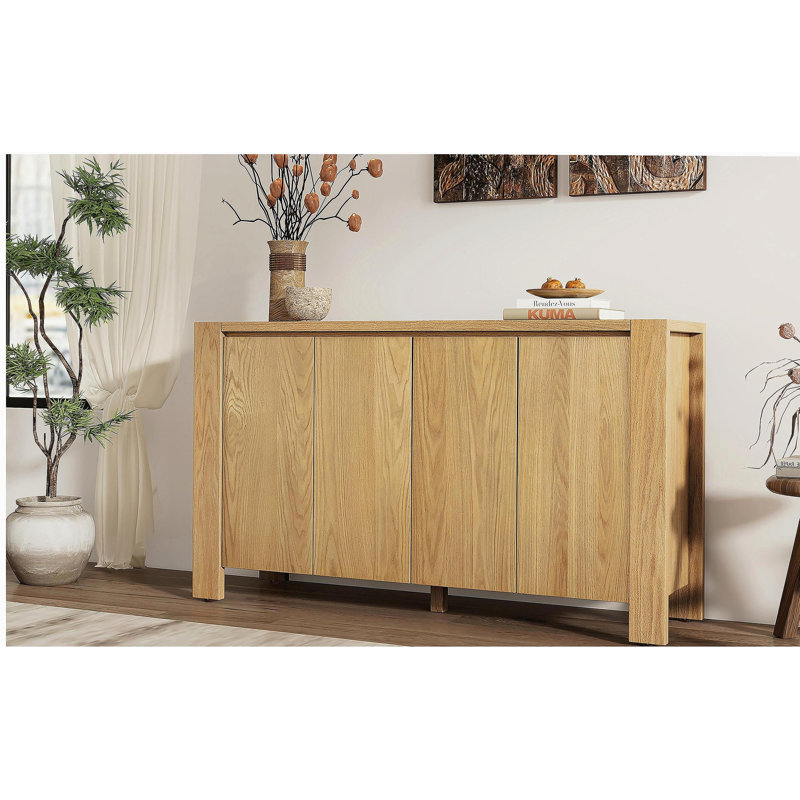Buffet avec rangement 4 portes Trexm, buffet rétro en bois avec finition vieillie et tablettes réglables pour la salle à manger, la cuisine et le salon (naturel)