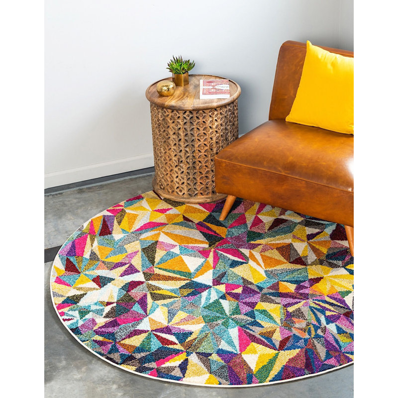 Tapis mauve / jaune / gris à motif géométrique Shirey, Rond 6 pi
