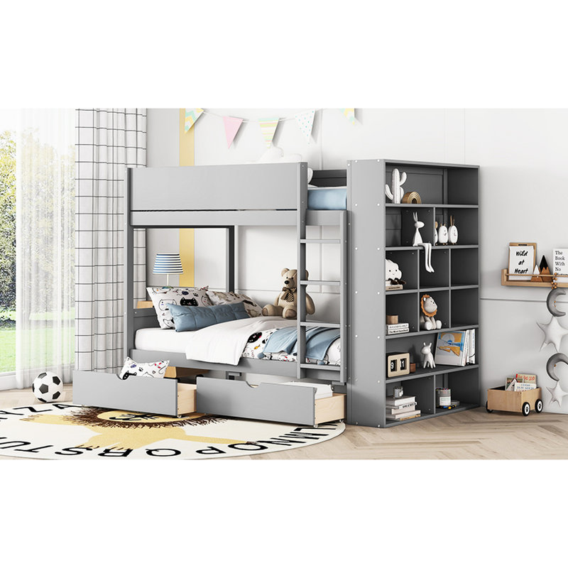 Twin Over Bunk Bed In Gray With Functional Cabinetry - 2 Drawers And Multi-Layer Cabinet Storage, Gray, Twin