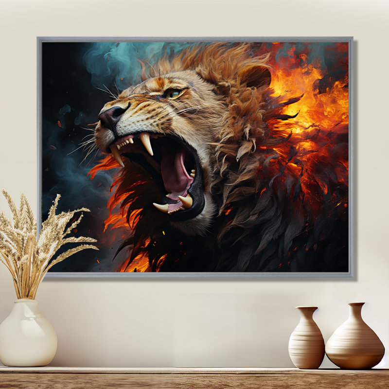 Lions Roaring Echoes I - Lion, art mural pour le salon, H 34 po x l 44 po x P 1,5 po, Encadrement argenté