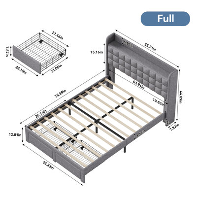 Upholstered Bed Frame with 2 Footboard Drawers and Storage Platform