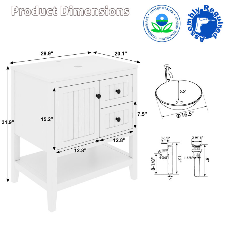 Sharee 30" Single Bathroom Vanity Set With Vessel Sink, Faucet And Drain, Assembly Required, White