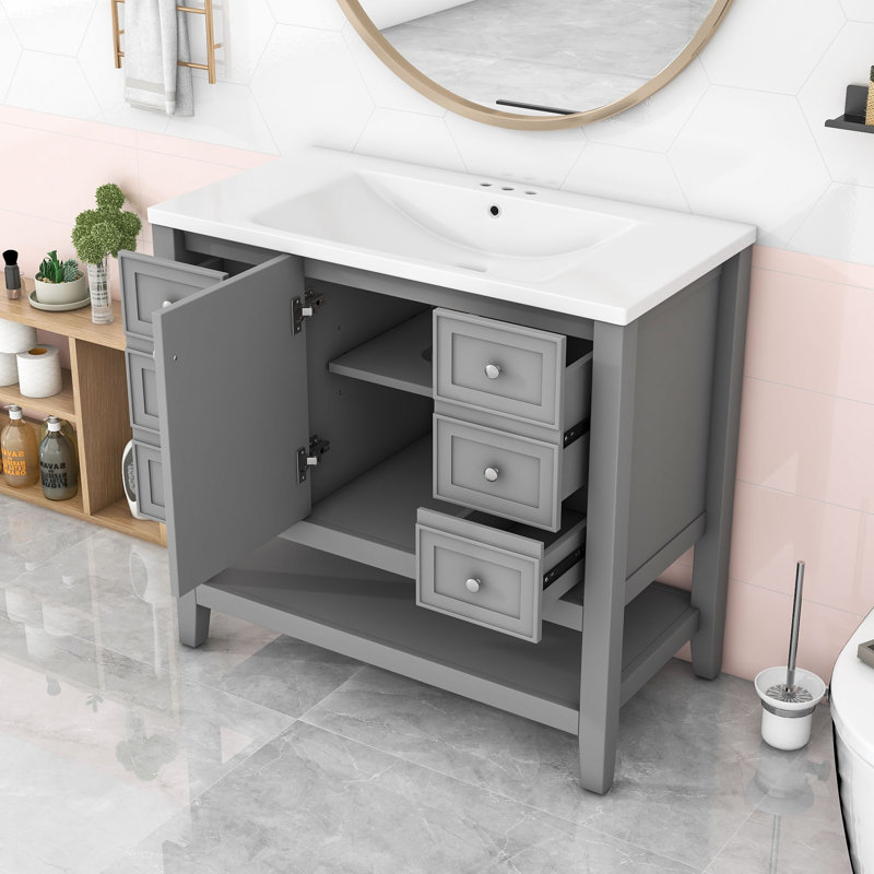 Meuble-lavabo simple 36 po avec plateau en céramique, tiroirs de rangement et tablettes ouvertes Rhemy, Gris