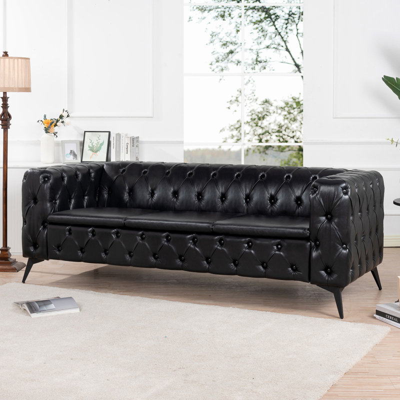 Natsue 84.06'' Faux Leather Sofa, Black Faux Leather