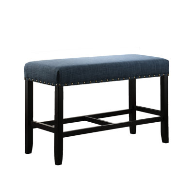 Counter Height Dining Bench In Blue With Blend Fabric And Attractive Design Linen-Like Solid Hardwood Legs Trim