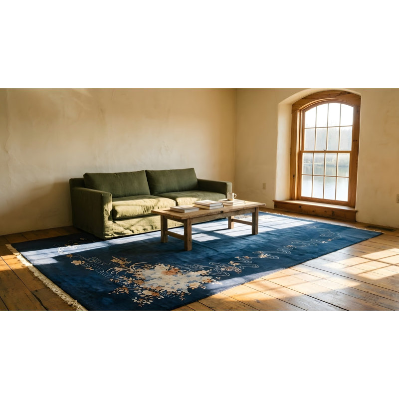 Tapis bleu en laine antique noué à la main des années 1920