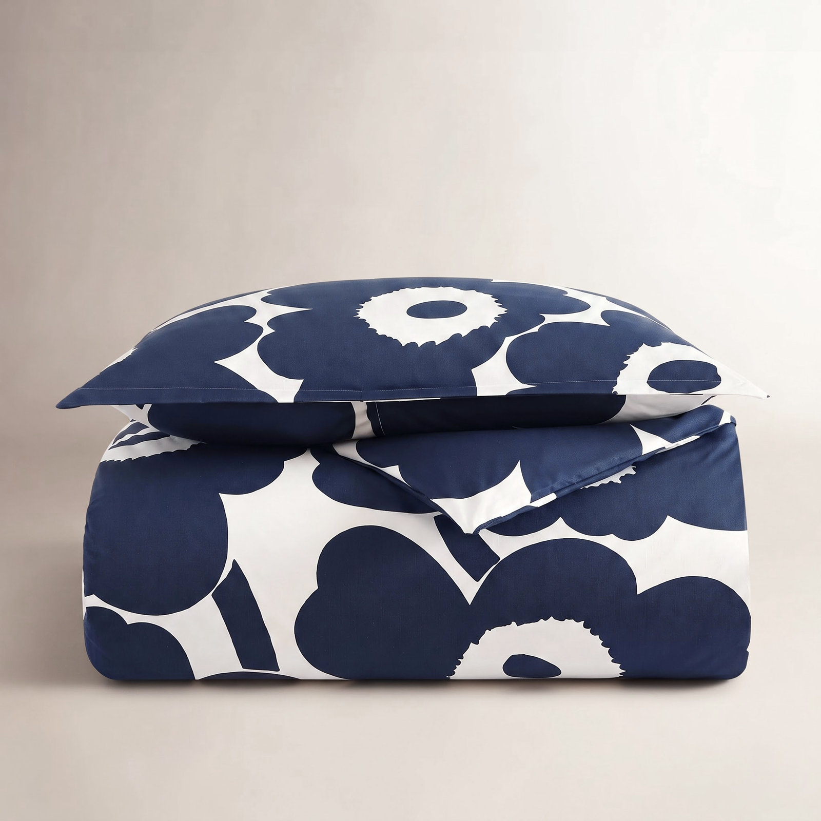 Unikko Cotton Duvet Cover Set, Twin Duvet Cover + 1 Standard Shams, Indigo Blue/White Floral