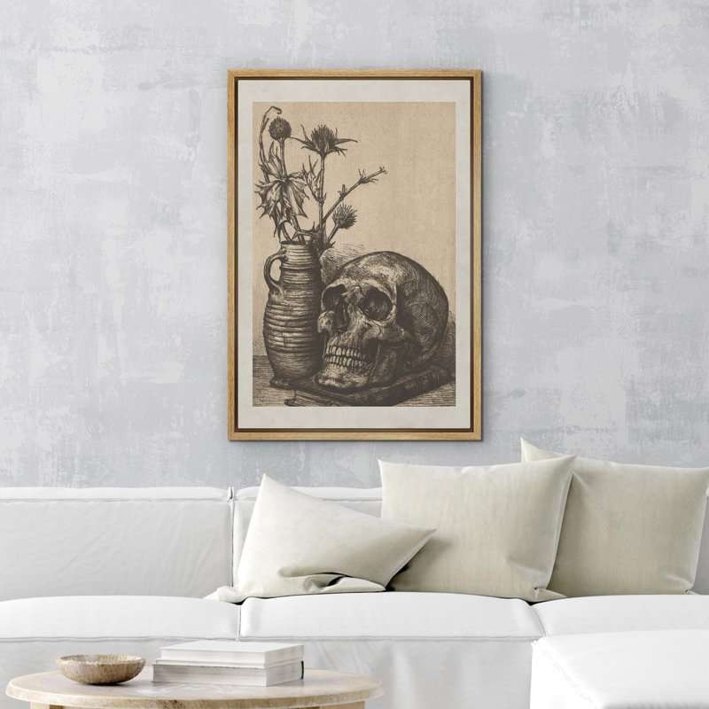 Crâne rétro et chardon plante Moody foncé, œuvres d'art moderne, décor, H 36 po x l 24 po, Cadre naturel flottant