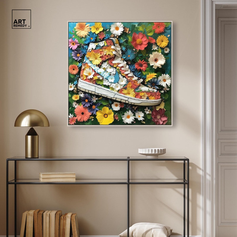 Painted in Floral Sneaker Canvas Sneaker Wall Art by , 31" H x 31" W, Silver Floater Framed