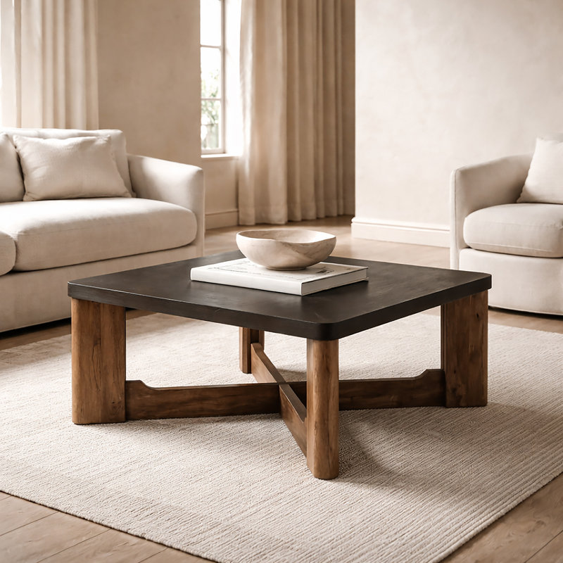 Table basse Mid-Century moderne en bois massif et placage de manguier - Moka et noyer
