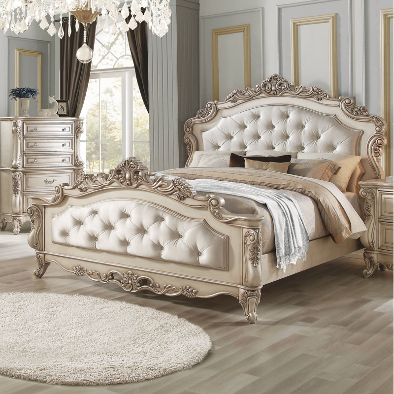 Antique White California King Upholstered Wood Bed with Tufted Headboard