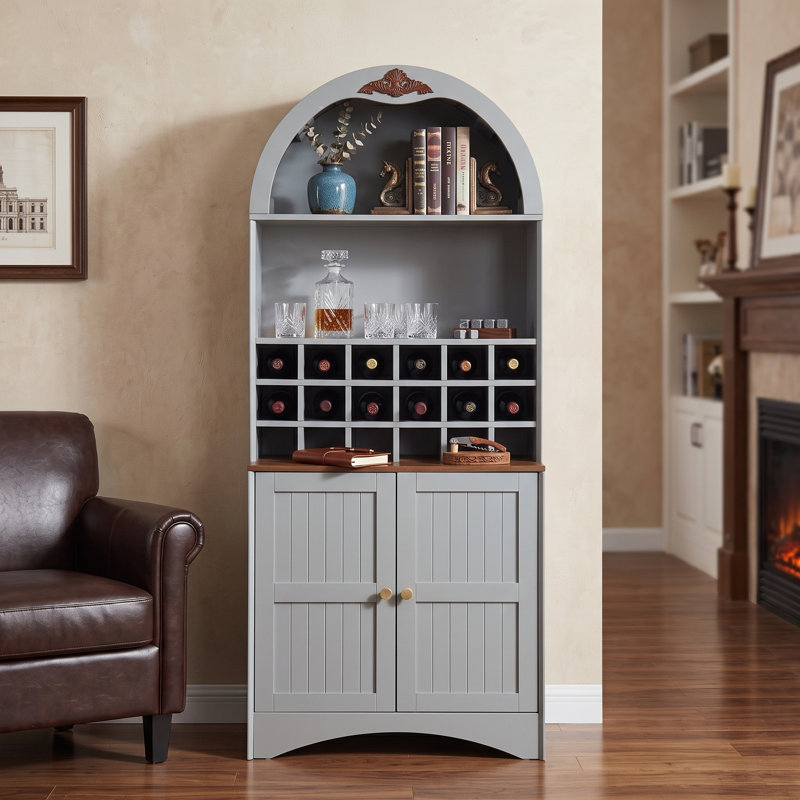Armoire à vin 70,9 "en bois arqué avec support amovible et tablettes réglables, Blue Grey