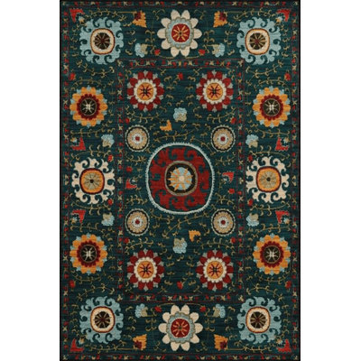 Shubhada Dark Green Themed Motif Ethnic Floral Patterned Vintage Decorative Carpet