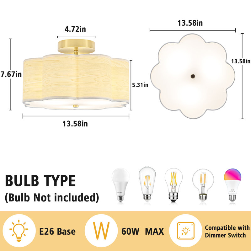 3-Light Semi Flush Mount Ceiling Light With Flower-Shaped Fabric Shade For Bedroom,Living Room,Hallway
