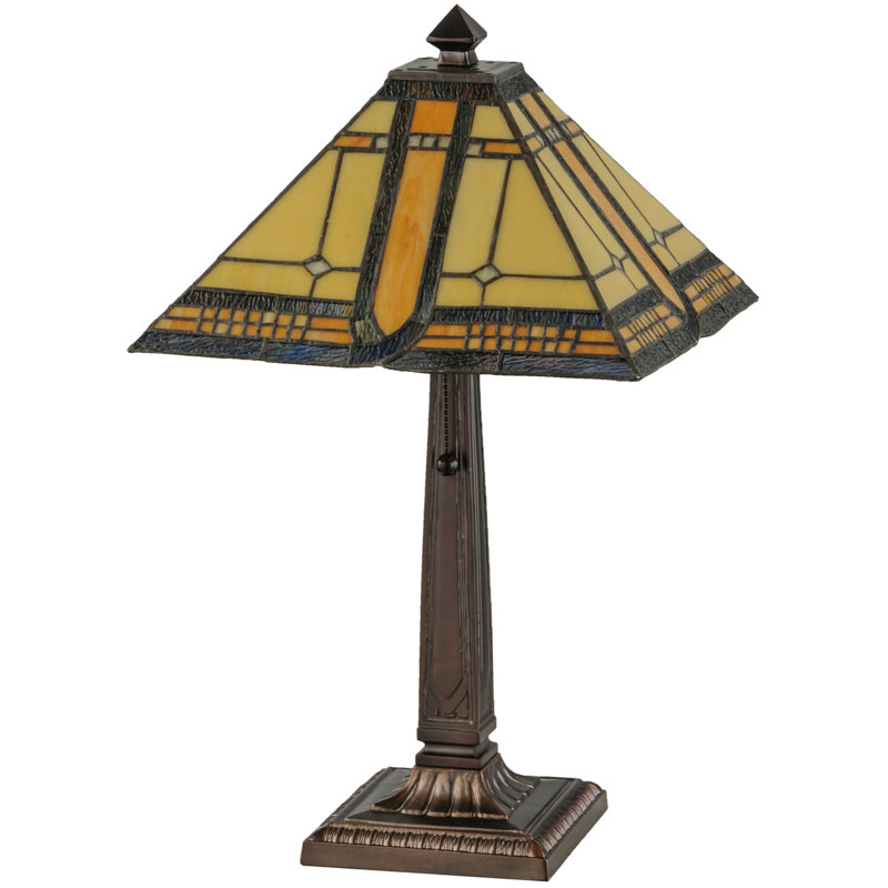 Bronze Stained Glass Mission Table Lamp with Yellow and Brown Shade
