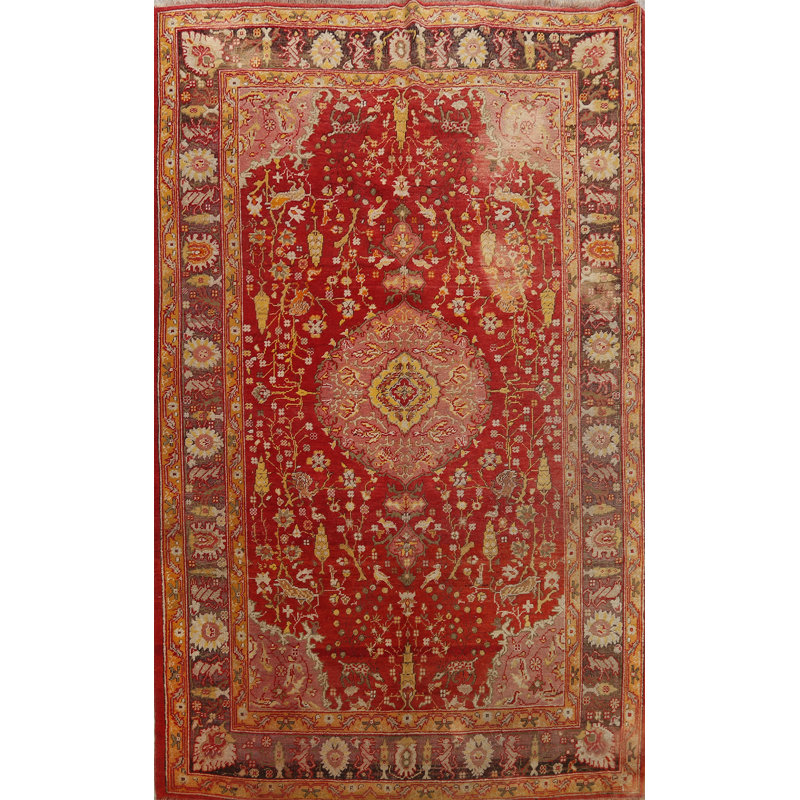 Tapis rouge / beige en laine noué à la main de conception unique 6 pi 10 po x 10 pi années 1900