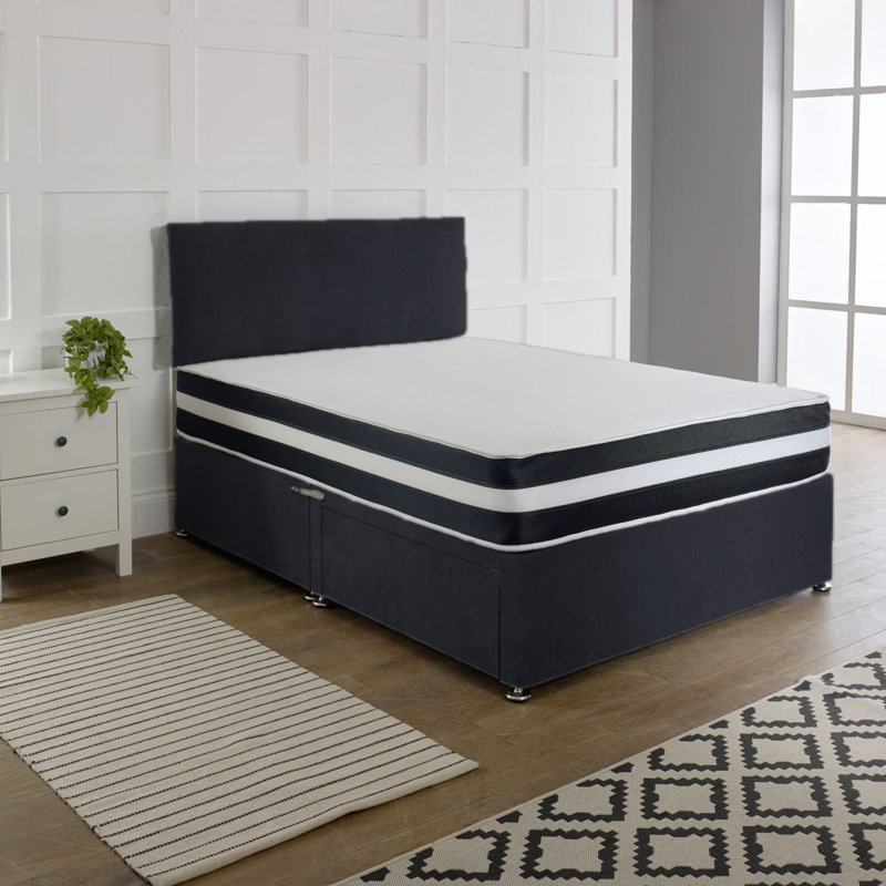 Navreen Divan Bed Set With 20" Plain Headboard, Black, 2 Drawers, Small Double (4')