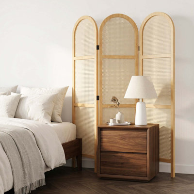 5.6 ft. Pine Wood & Hand-Woven Rattan Room Divider - Freestanding Japanese Modern Minimalist Privacy Screen