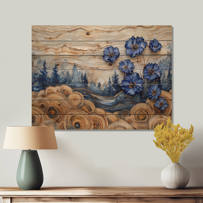 Fleur de bleuet et paysage de forêt en bois III - impression sur bois de bleuet - sur bois de pin naturel