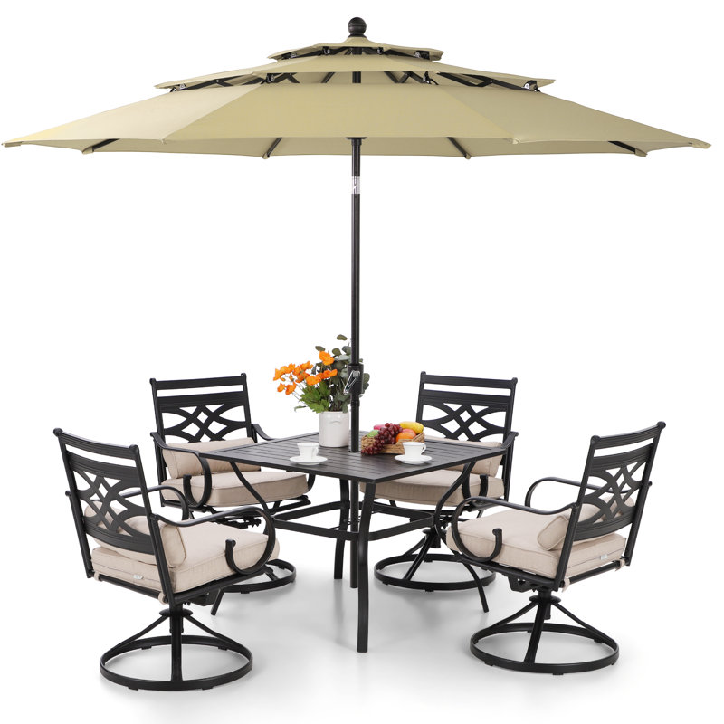 Ensemble de salle à manger de patio pour 4 personnes en acier avec parasol, Beige