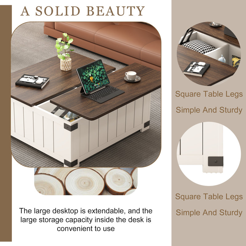 White and Brown Square Lift-Top Coffee Table with Storage