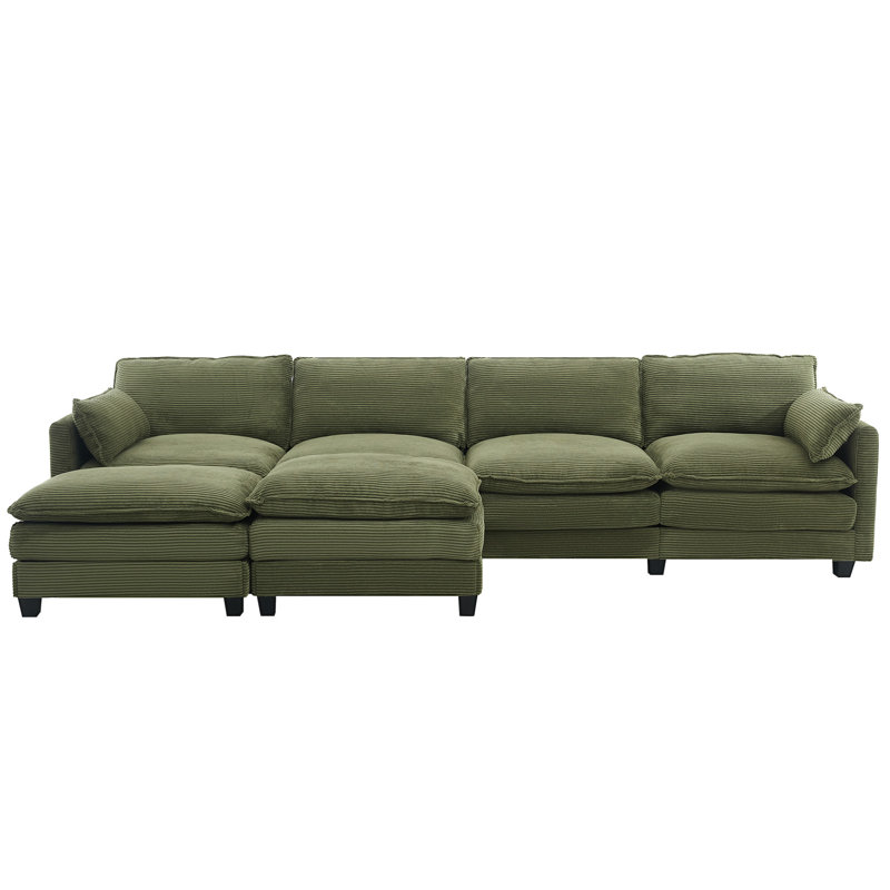133" Corduroy 4-Seater Sectional Sofa With 2 Movable Ottomans, Modular Design, Green Corduroy