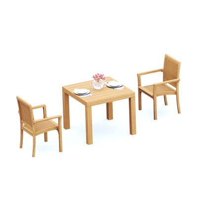 3 Pcs Grade-A Teak Wood Dining Set: 36" Square Table And 2 Lua Stacking Arm Chairs #11LU0802