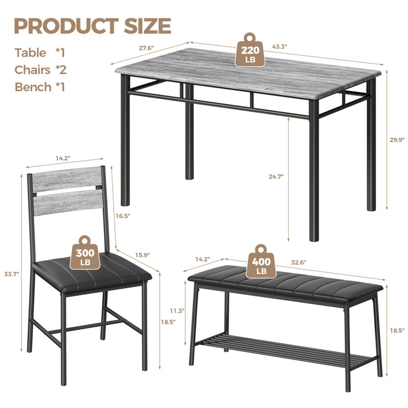 4-Piece Dining Table Set For 4, Kitchen Table With Pu Upholstered Bench and 2 Dining Chairs, Gray