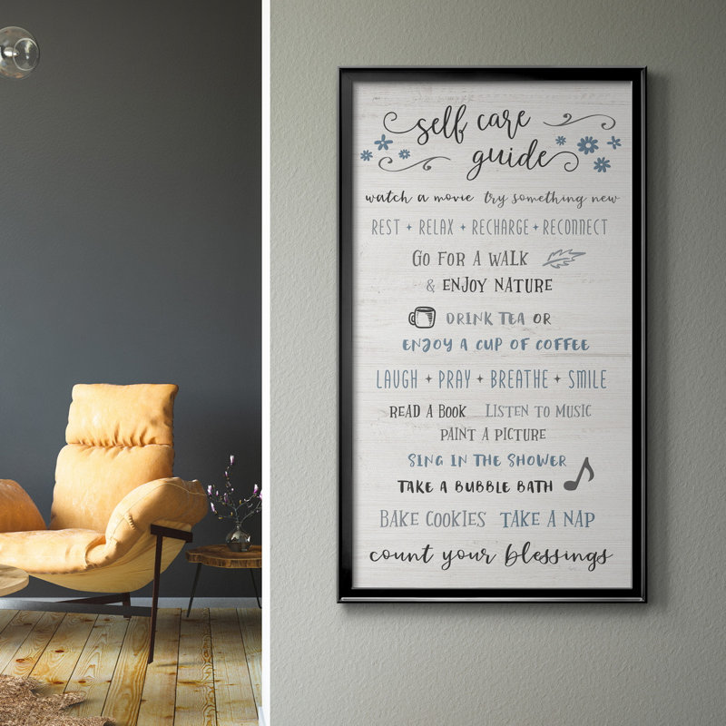 «Self Care Guide», art textuel sur toile, H 10,5 po x l 18,5 po x P 1,5 po, Cadre noir