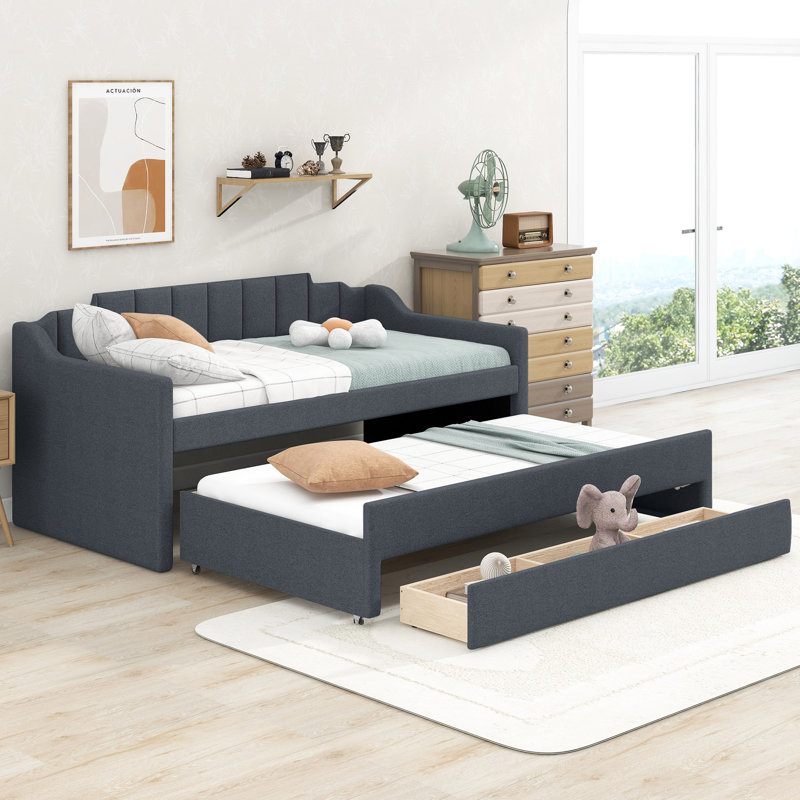Twin Size Upholstered Daybed With Trundle And Three Drawers, Gray