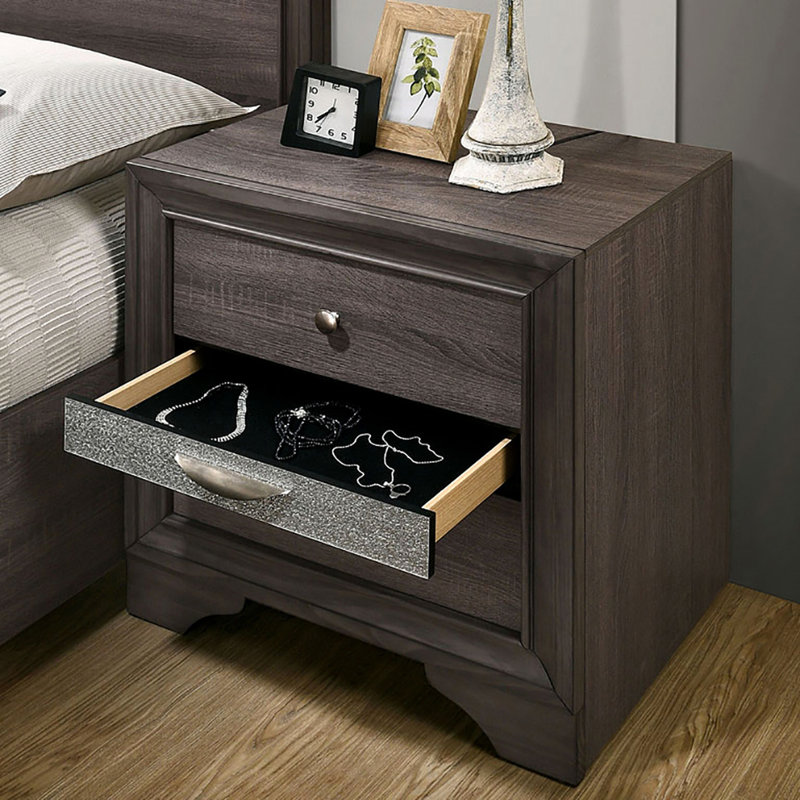 Table de chevet 3 tiroirs en bois gris avec poignées en nickel - Boîte de rangement dissimulée pour chambre à coucher