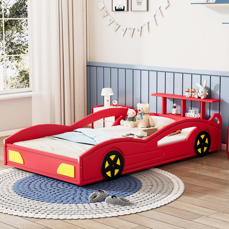 Lit de voiture de course en bois, lit plateforme simple en forme de voiture avec roues pour adolescents