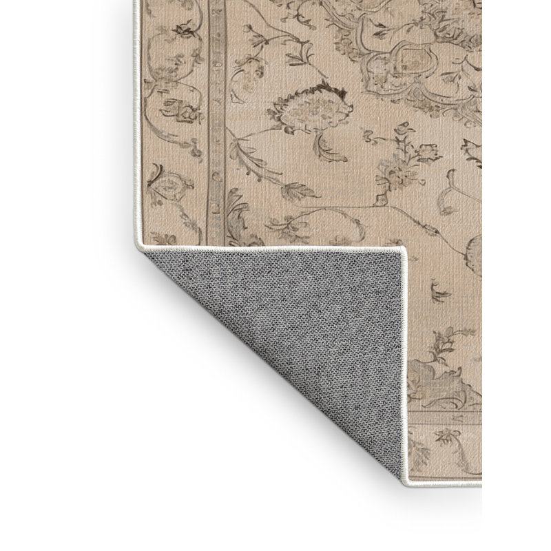 Machine Washable Tabriz Beige Area Rug, Round 4'