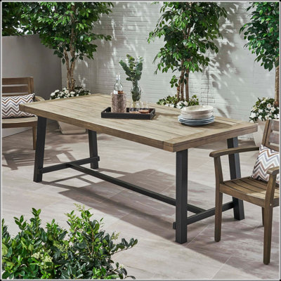Outdoor Acacia Wood Dining Table with Modern Industrial Design and Grey/Rustic Metal Frame