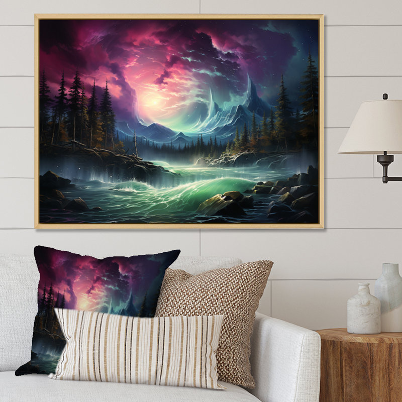 Northern Lights Aurora Cascade - Landscapes Canvas Prints, H 16 po x l 32 po x P 1 po, Cadre naturel flottant